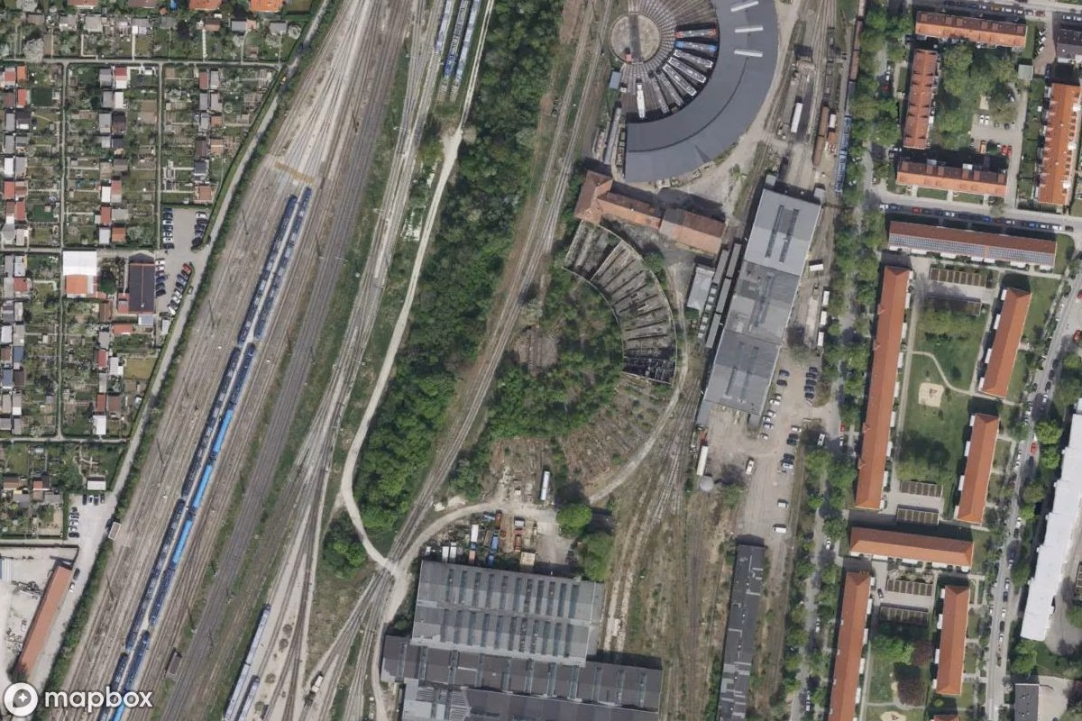 Aerial satellite view of Drehscheibe, an abandoned Railway Station in Augsburg, Germany