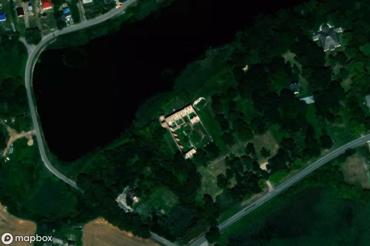 Aerial satellite view of Château Krupe, an abandoned Castle in Krupe, Poland