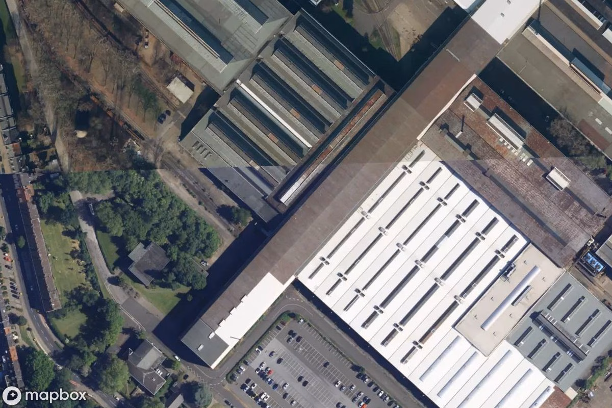 Aerial satellite view of Fabrikgelände, an abandoned Factory in Dusseldorf, Germany