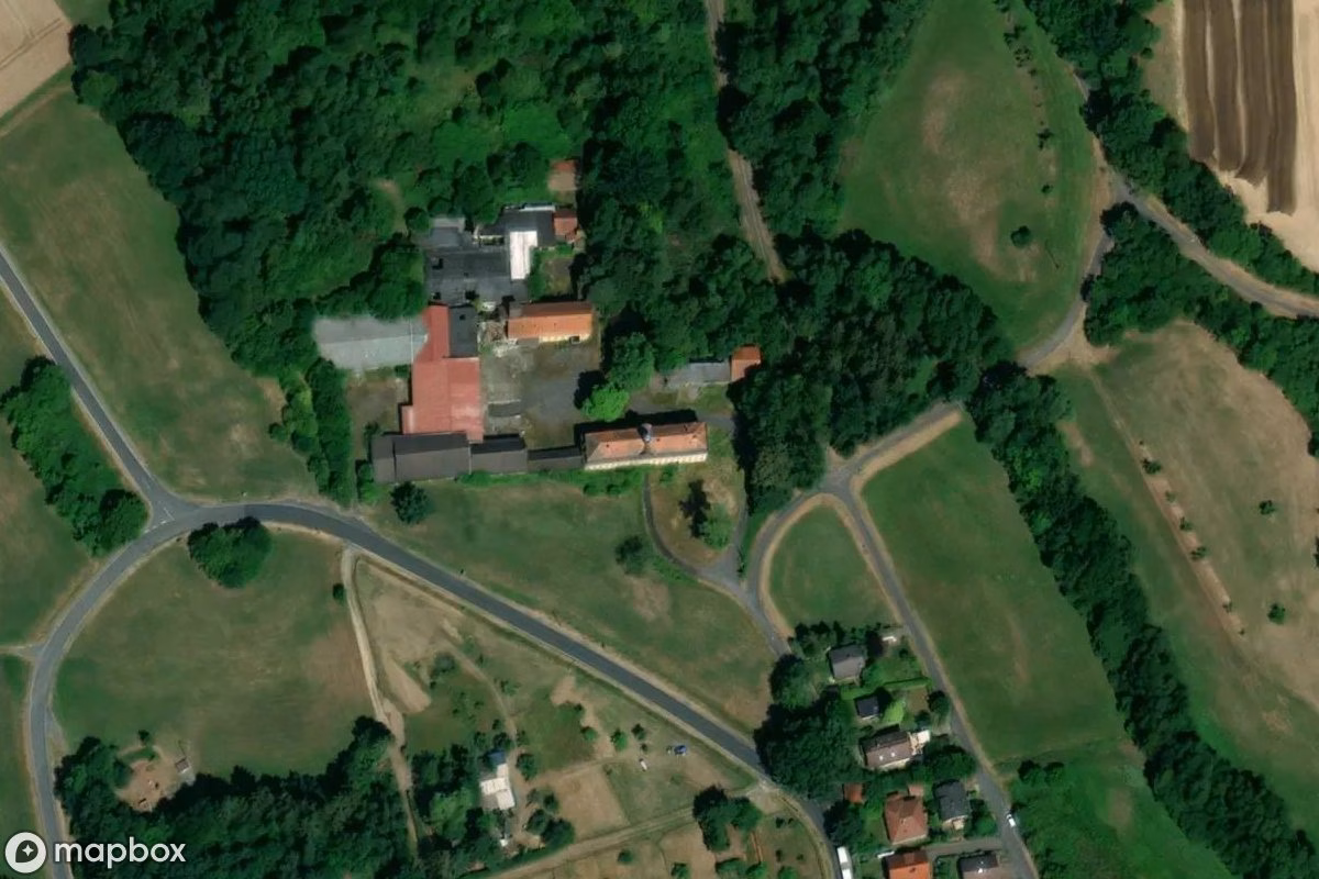 Aerial satellite view of Schloss Eisenhammer, an abandoned Castle in Neuenschmidten, Germany
