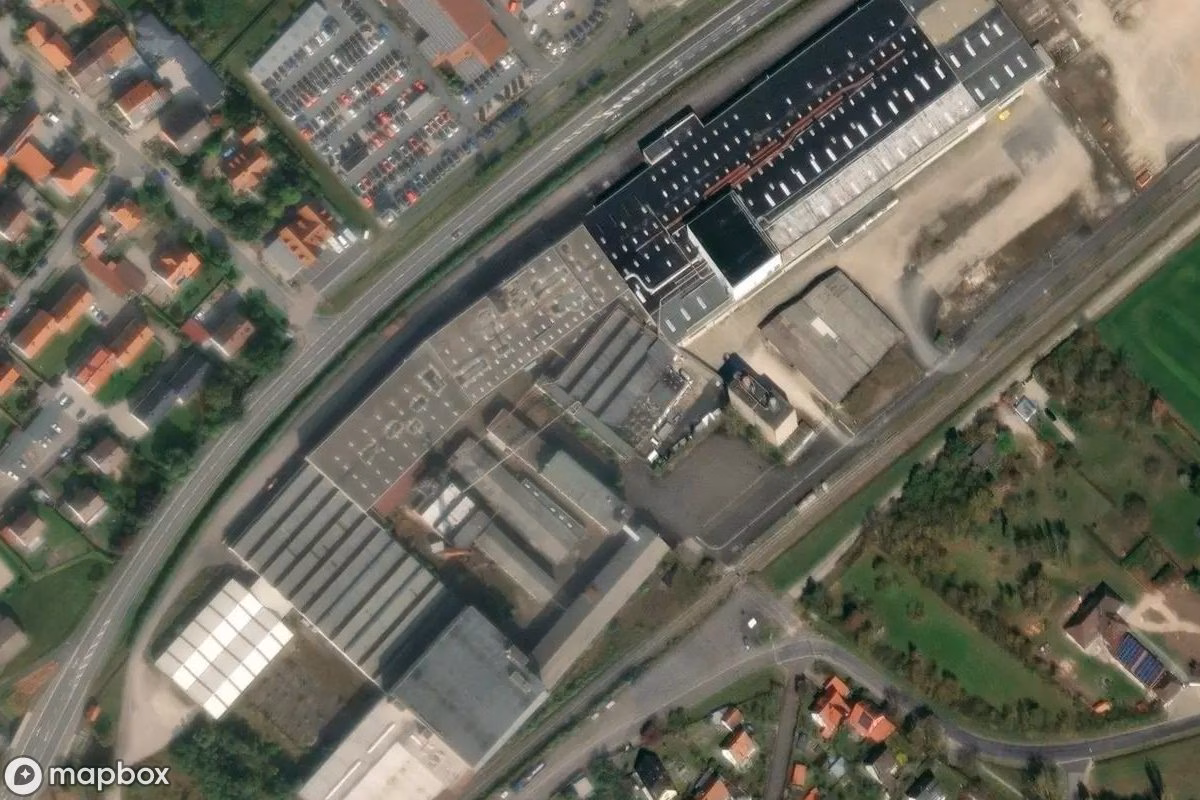 Aerial satellite view of EKA Möbelwerk, an abandoned Factory in Dietersheim, Germany