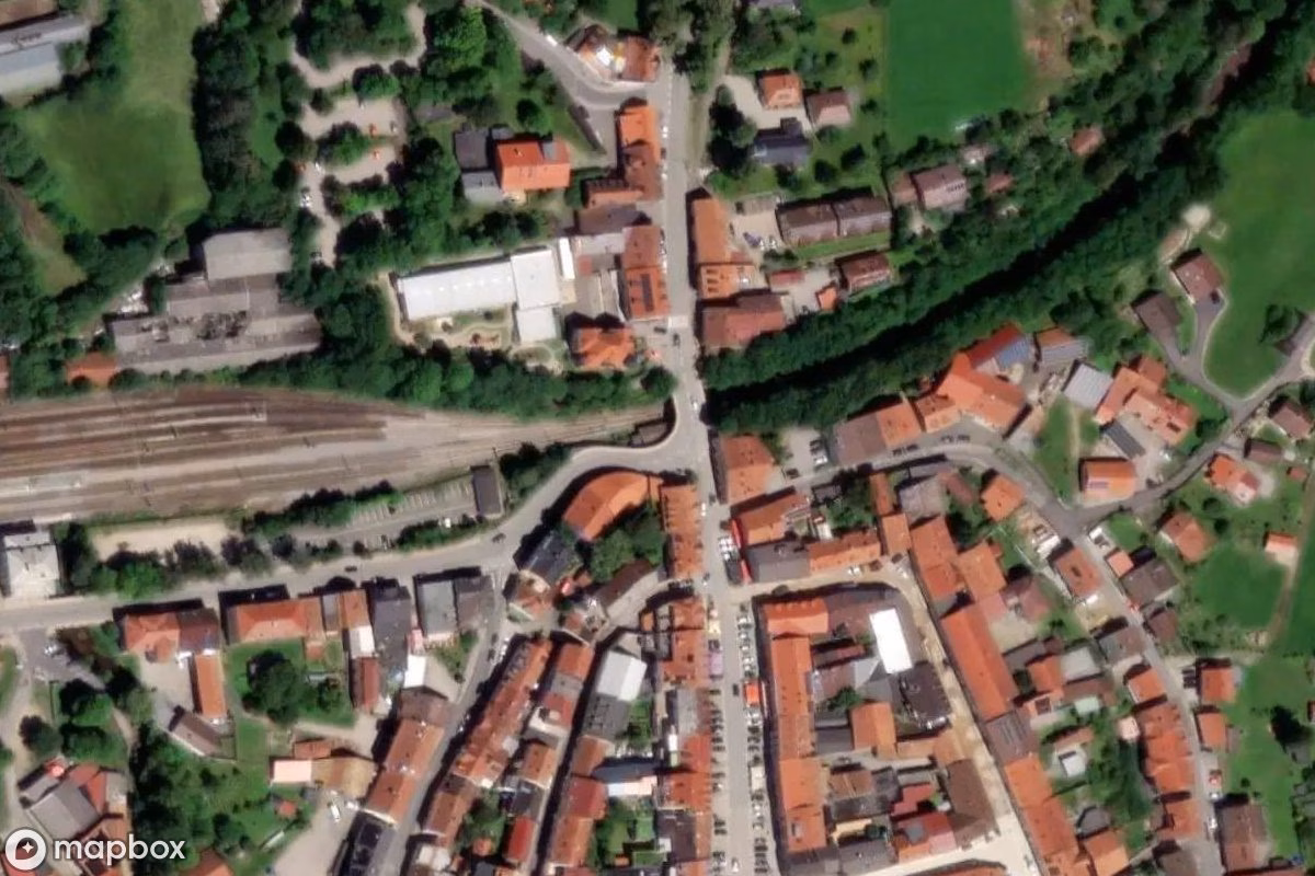 Aerial satellite view of Bahnhofsgebäude, an abandoned Railway Station in Furth im Wald, Germany