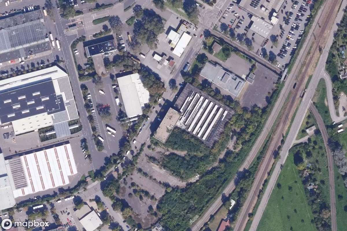 Aerial satellite view of Lackiererei, an abandoned Factory in Mannheim, Germany