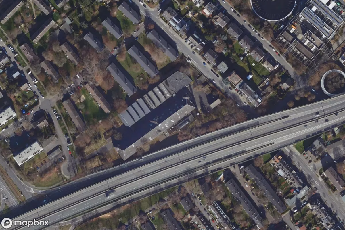 Aerial satellite view of Fahnenfabrik, an abandoned Factory in Bonn, Germany