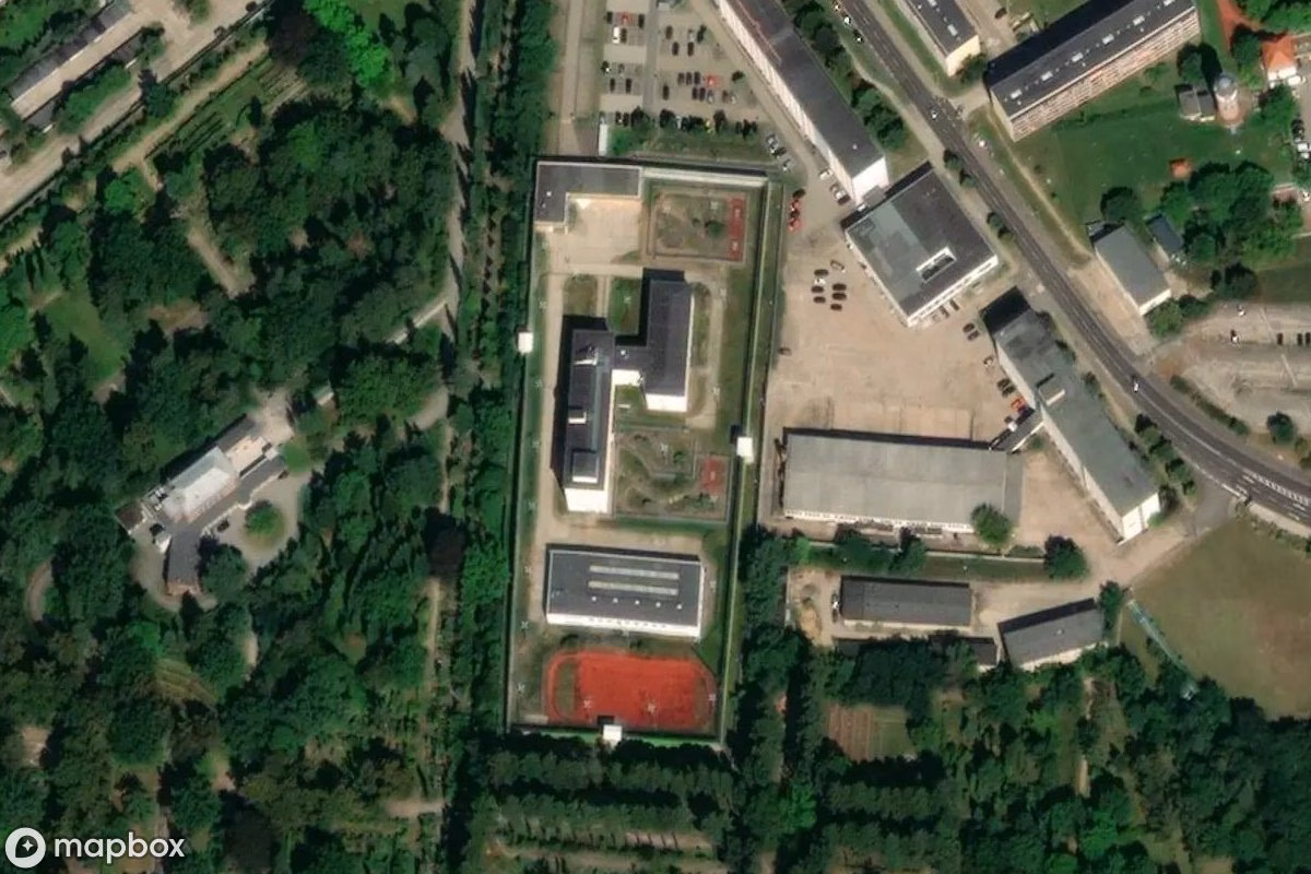 Aerial satellite view of Jva, an abandoned Prison in Frankfurt (Oder), Germany