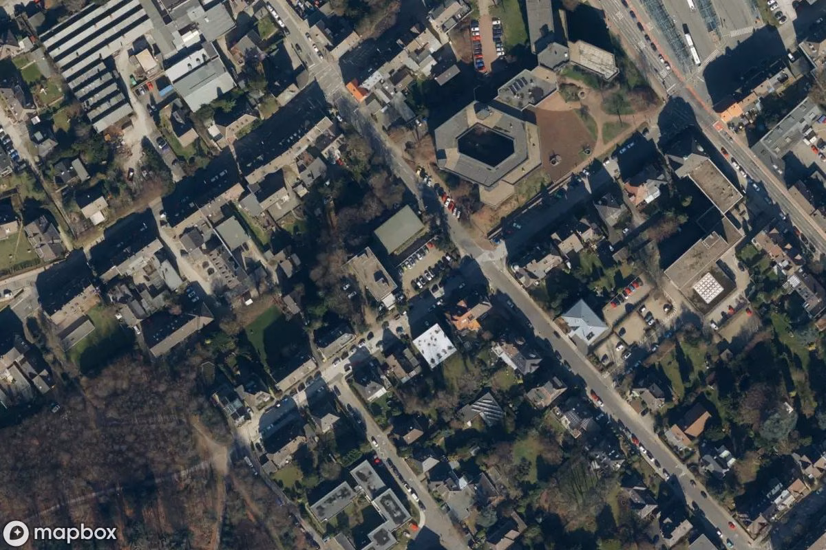 Aerial satellite view of Volkshochschule, an abandoned School in Velbert, Germany