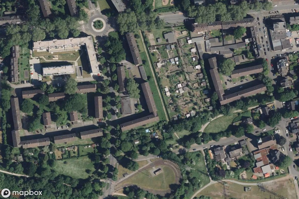 Satelitní letecký pohled na Wohnblock, opuštěné v Duisburg, Německo