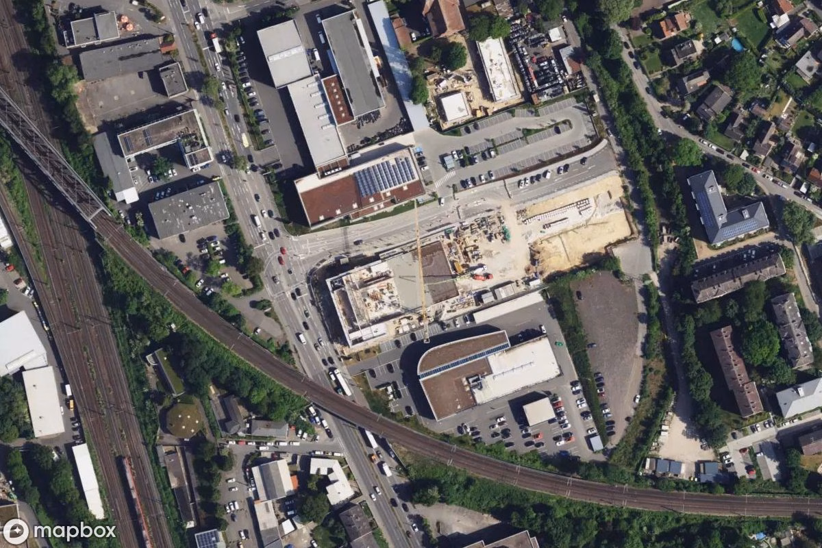 Aerial satellite view of Möbelhaus, an abandoned  in Wiesbaden, Germany