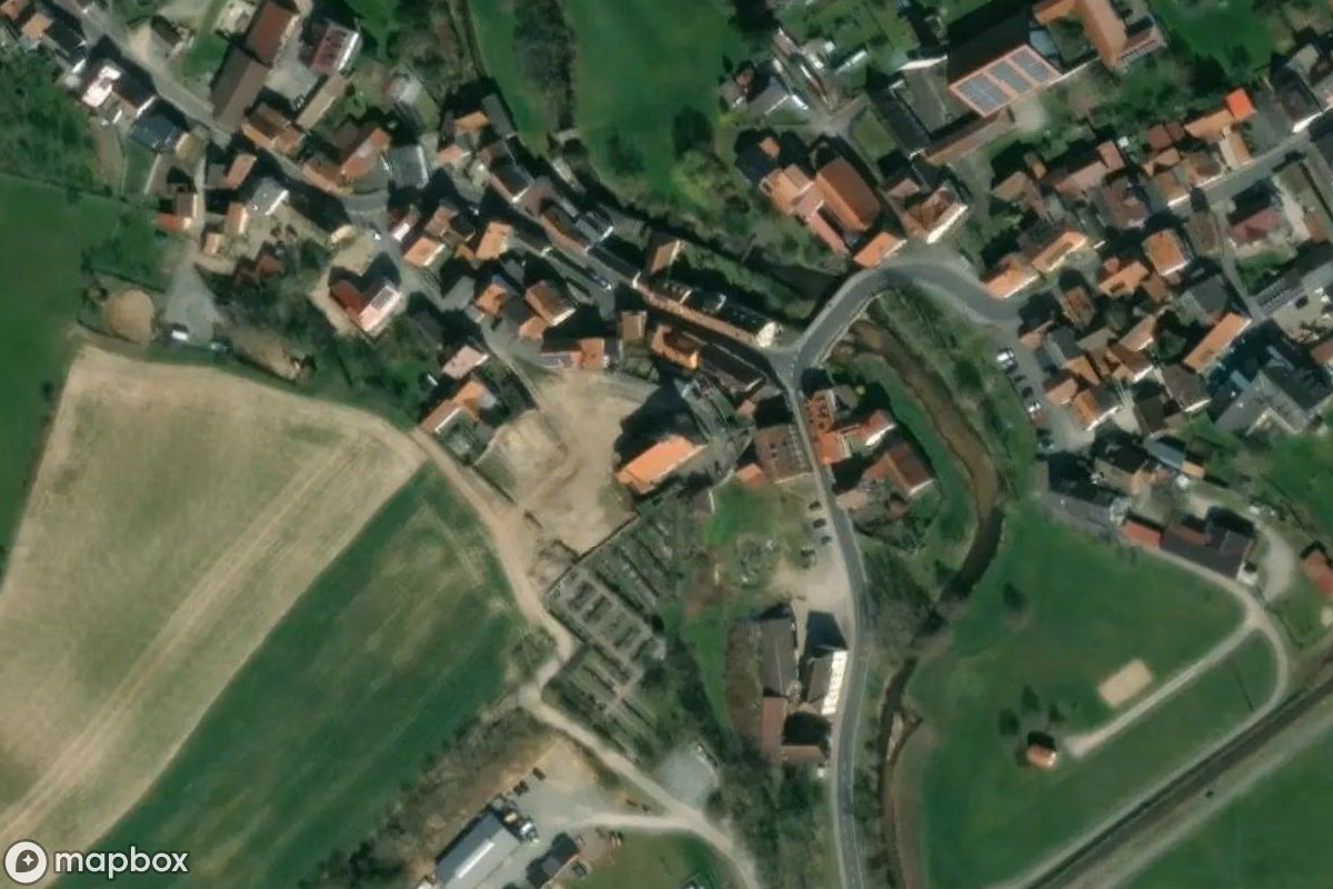 Aerial satellite view of Kirche - LEGAL, an abandoned Church in Gräfendorf, Germany