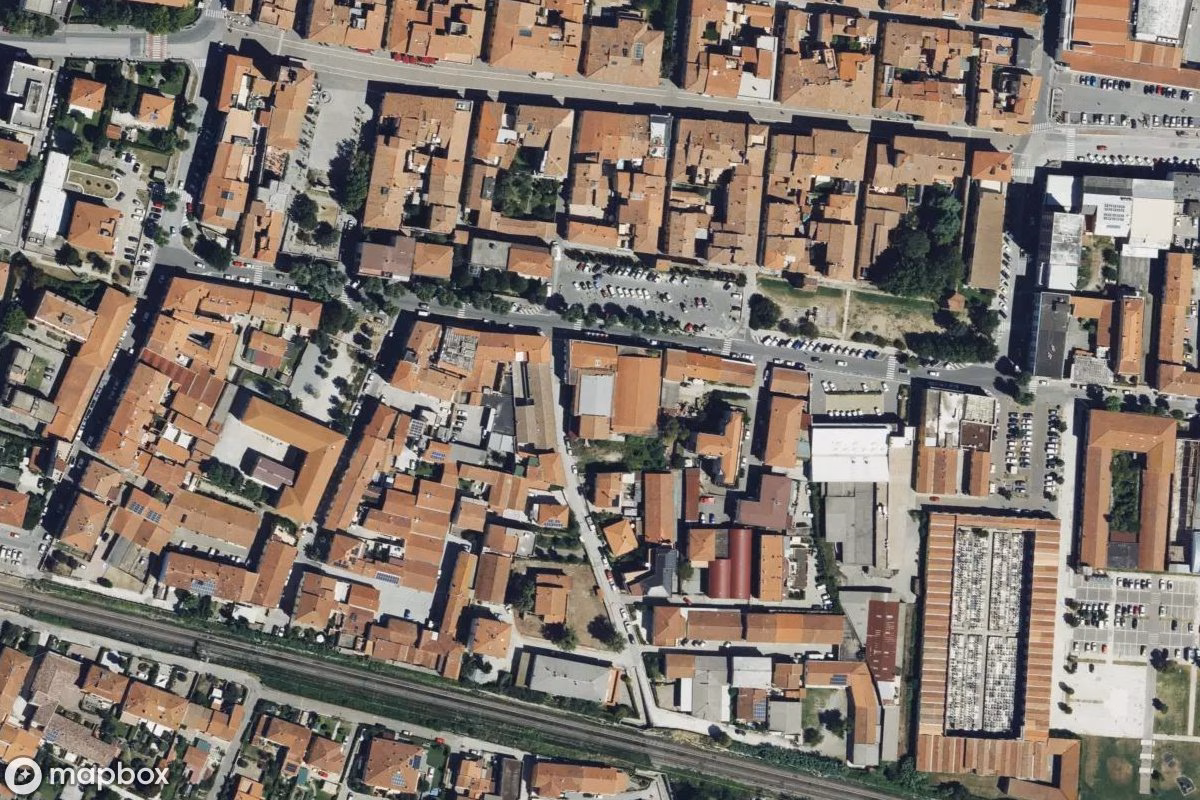 Aerial satellite view of Theater Nuovo, an abandoned Theater in Cascina, Italy