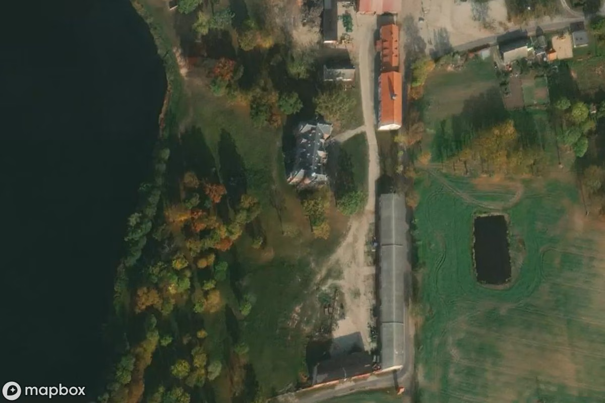 Aerial satellite view of Schloss Klecewo, an abandoned Castle in Czarne Dolne, Poland