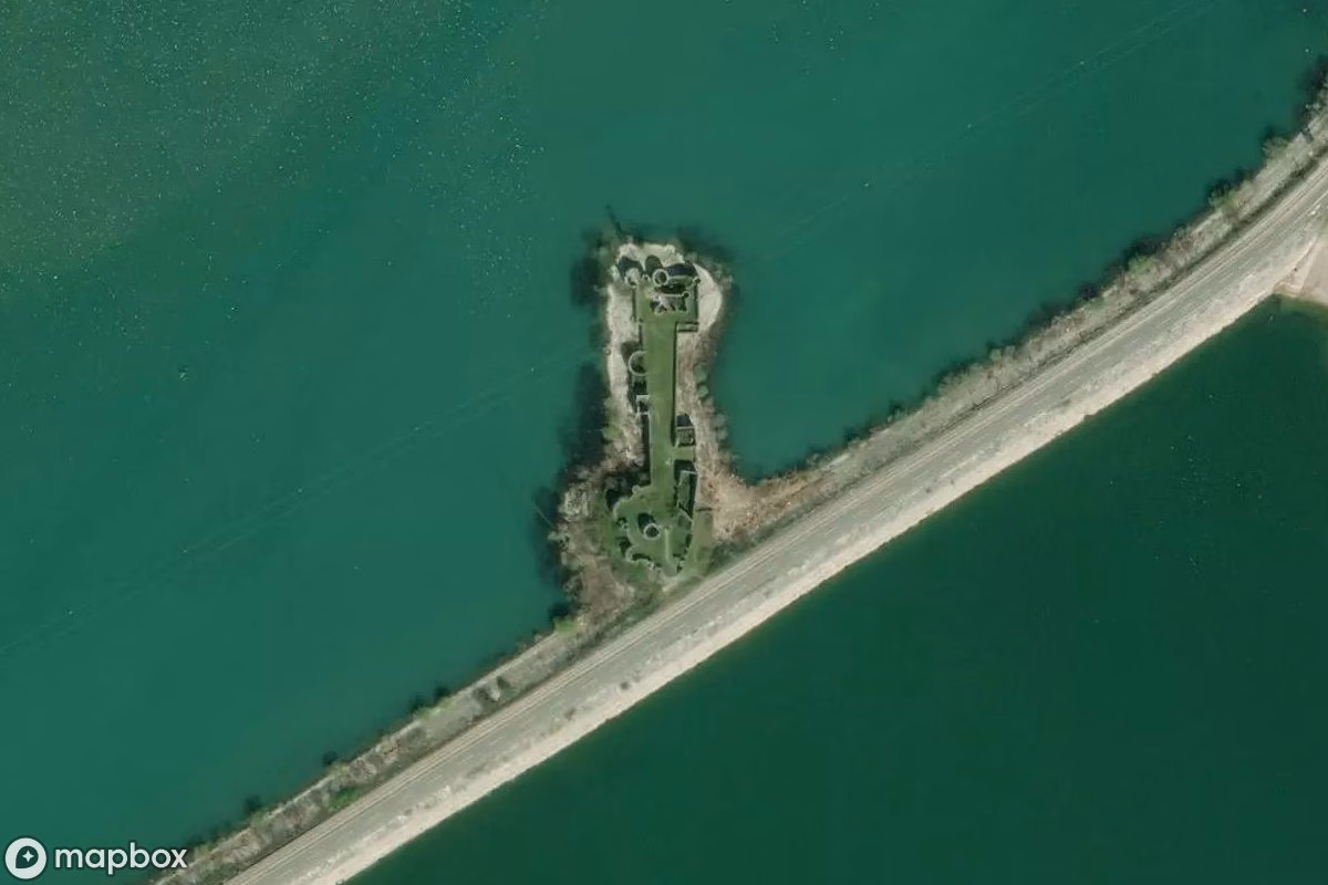 Aerial satellite view of Fort Lesendro, an abandoned  in Vranjina, Montenegro