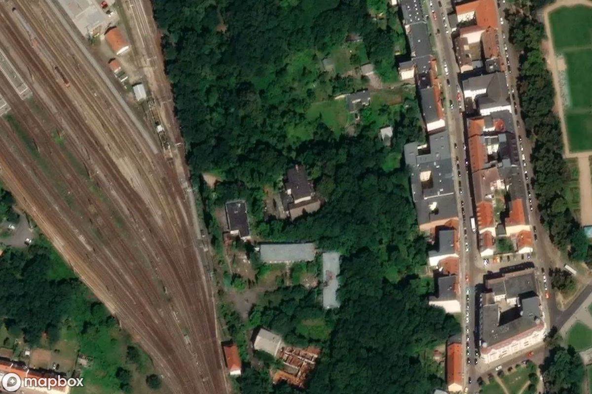 Aerial satellite view of Gaststätte, an abandoned Restaurant in Frankfurt (Oder), Germany