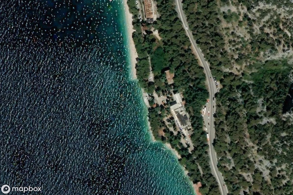 Aerial satellite view of Beachbar, an abandoned  in Općina Gradac, Croatia