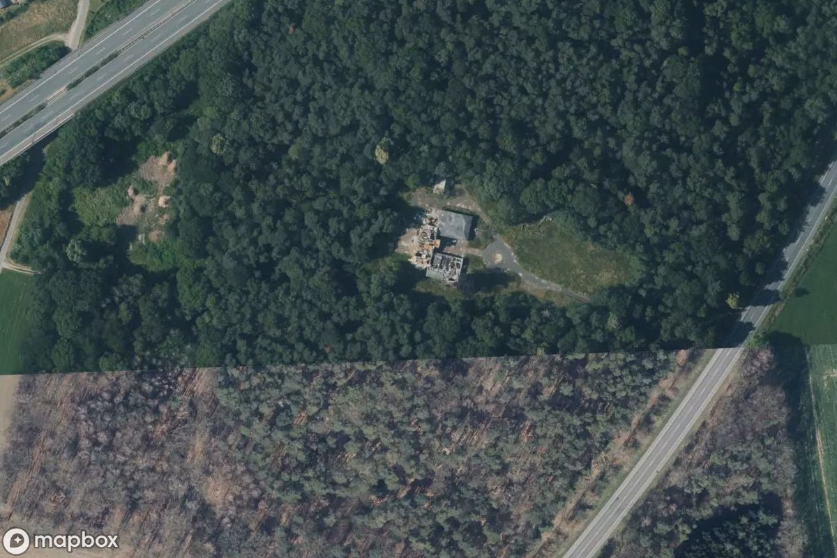 Satelitní letecký pohled na Gelbe Jugendherberge, opuštěné  v Straelen, Německo