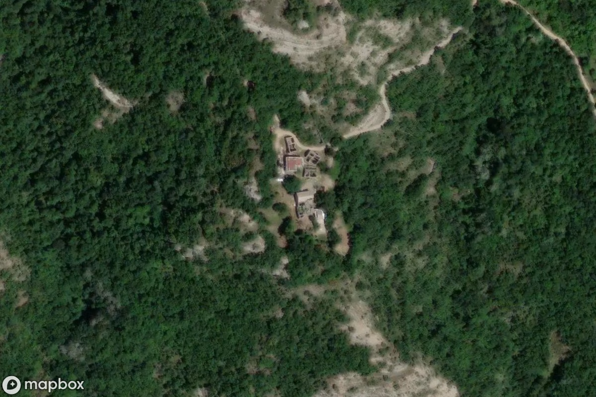 Aerial satellite view of Kirche San Biaggio, an abandoned Church in Firenzuola, Italy