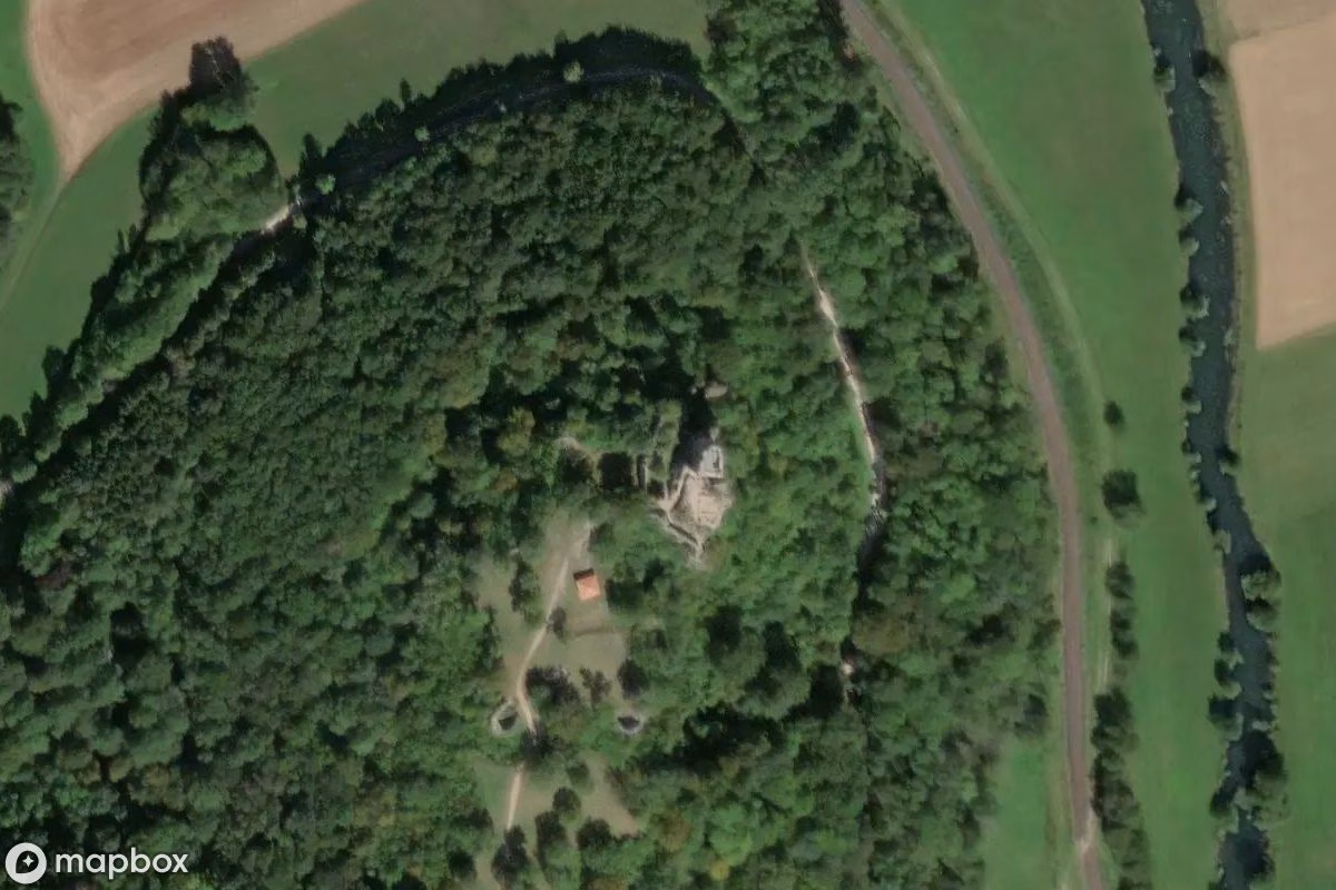 Aerial satellite view of Burgruine Neideck, an abandoned Ruin in Wiesenttal, Germany