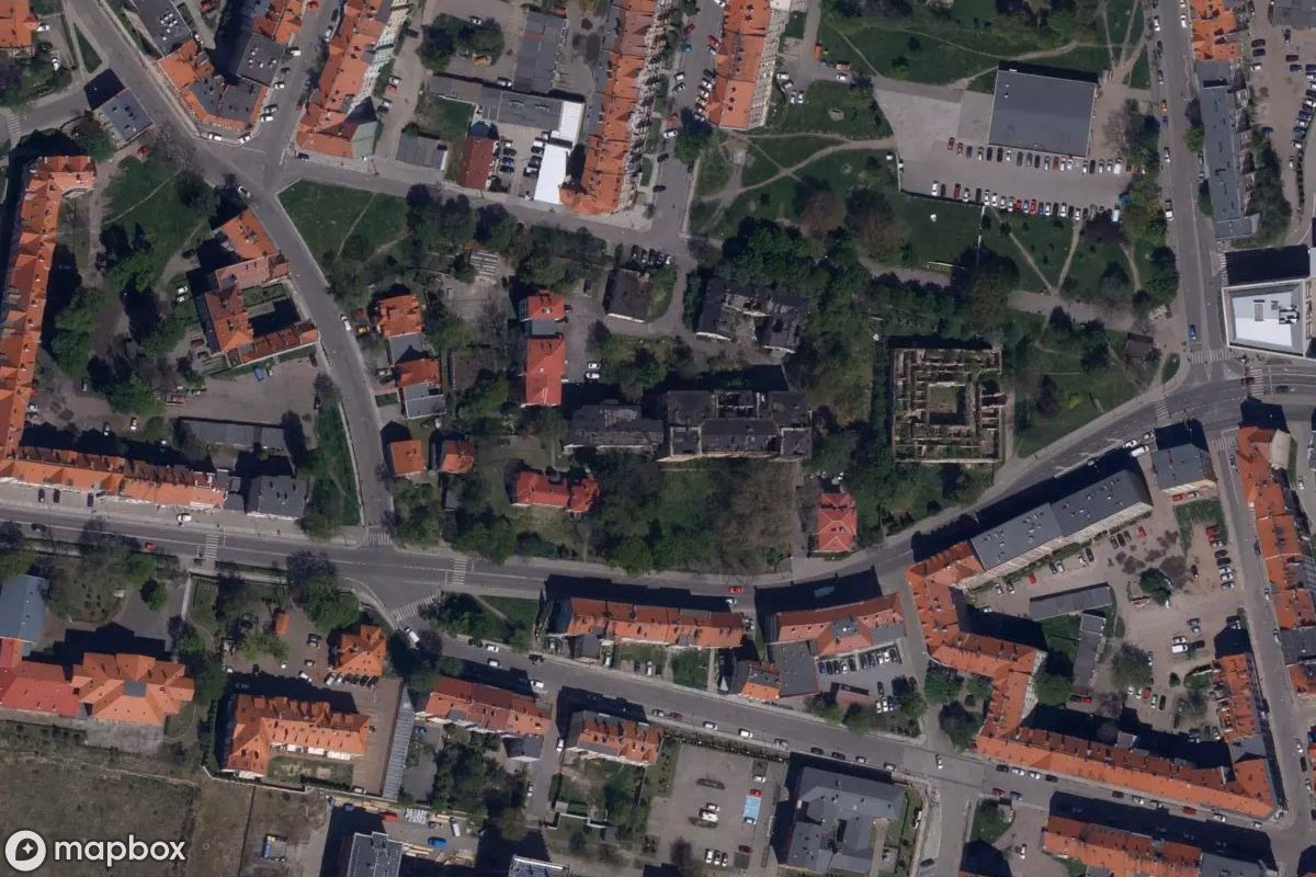 Aerial satellite view of Sowjetisches Frauenspital, an abandoned  in Legnica, Poland