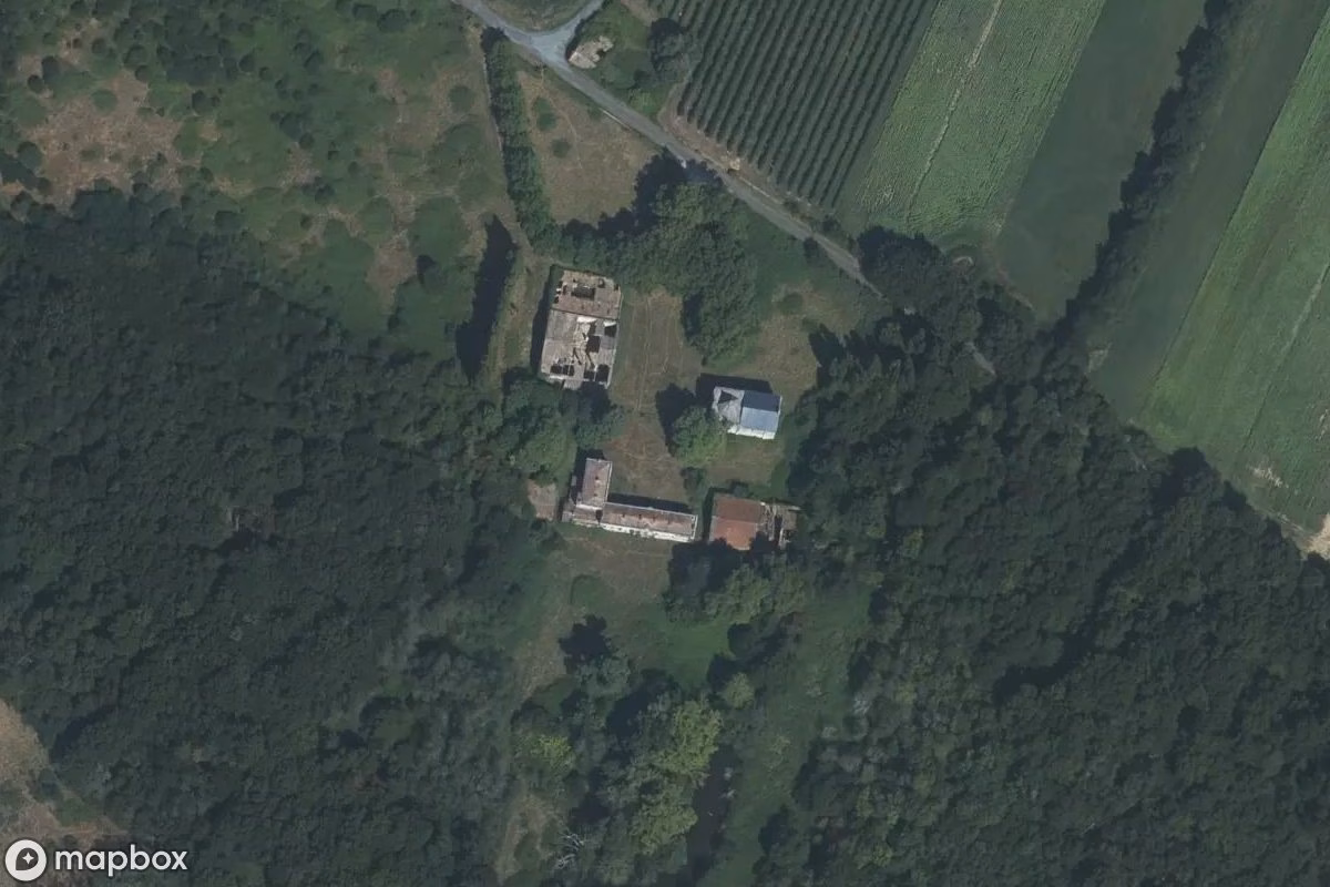 Satellitbillede set fra luften af Château Tenaille, et forladt Slot i Saint-Sigismond-de-Clermont, Frankrig