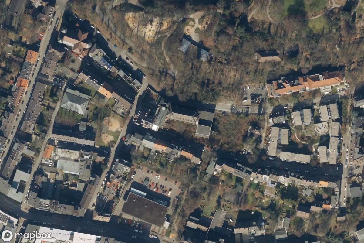 Aerial satellite view of Krankenhaus, an abandoned Hospital in Wuppertal, Germany