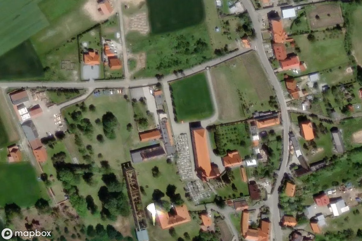 Aerial satellite view of Romanische Kirche Wierzbna, an abandoned Church in Wierzbna, Poland