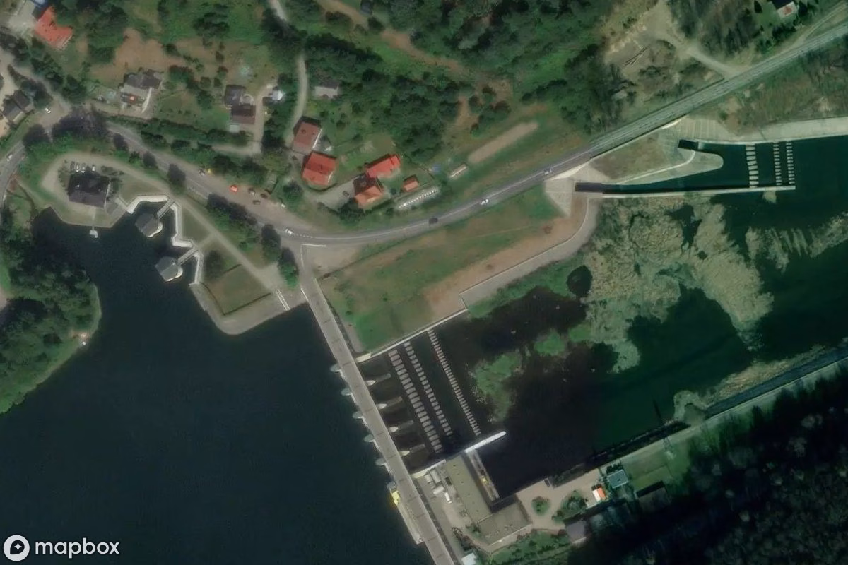 Aerial satellite view of Staudamm Porąbka, an abandoned Power Plant in Międzybrodzie Bialskie, Poland