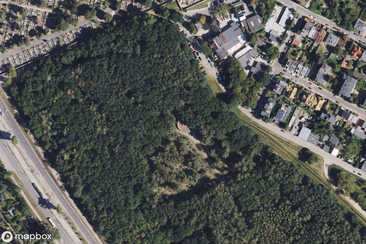 Aerial satellite view of Jüdischer Friedhof auf Bródnie, an abandoned Cemetery in Warsaw, Poland