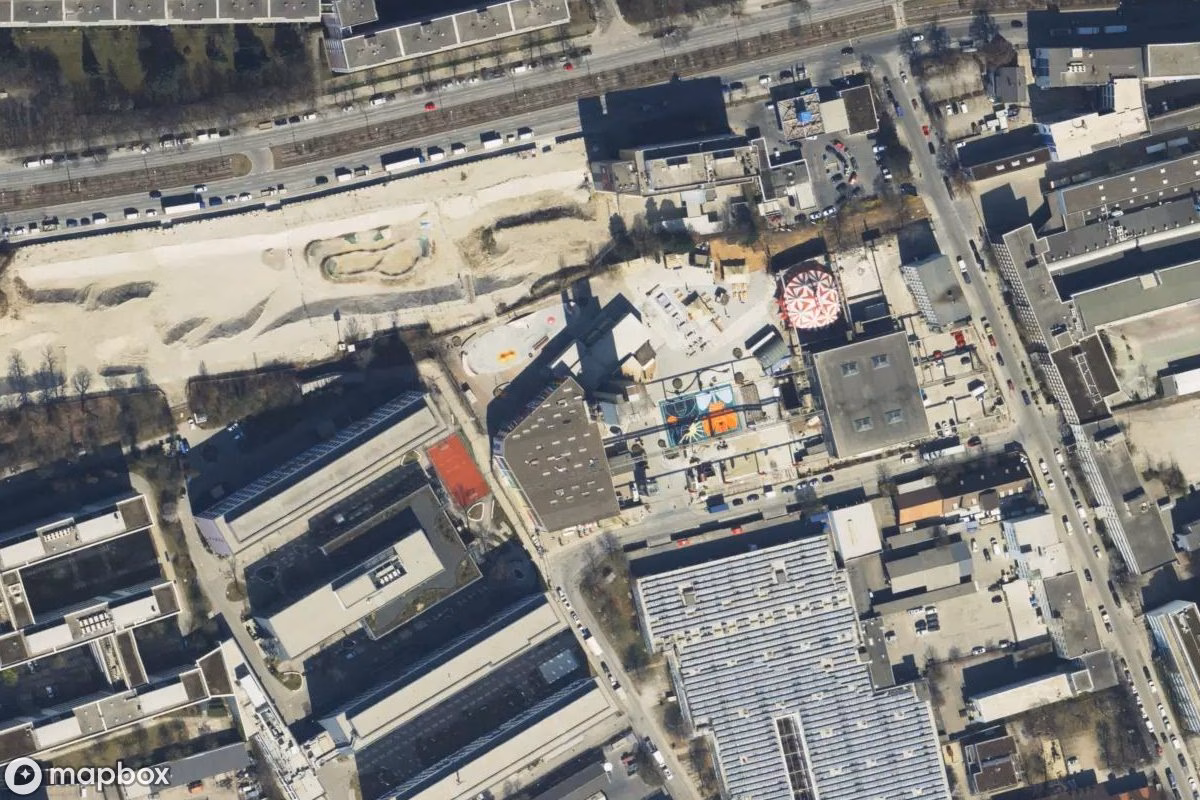 Aerial satellite view of Betonwerk, an abandoned Factory in Munich, Germany