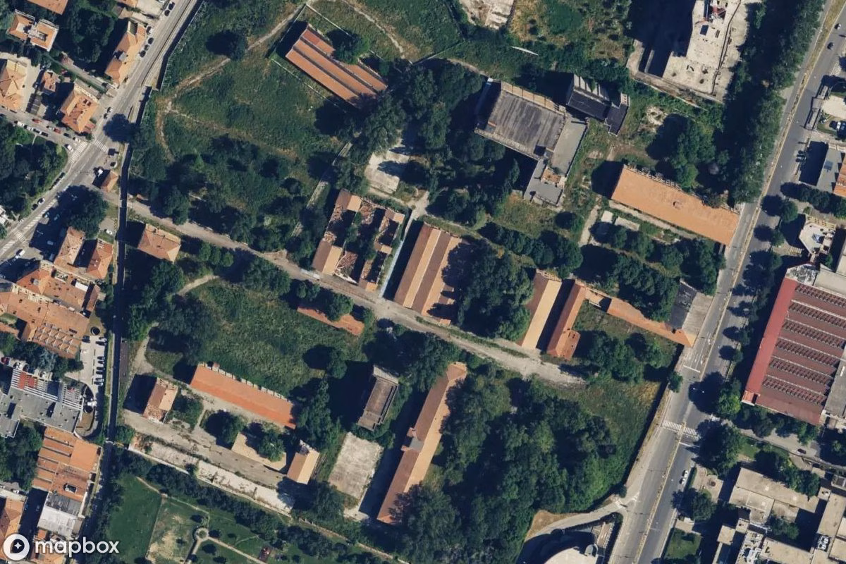 Aerial satellite view of Kaserne Sani, an abandoned Military Site in Bologna, Italy