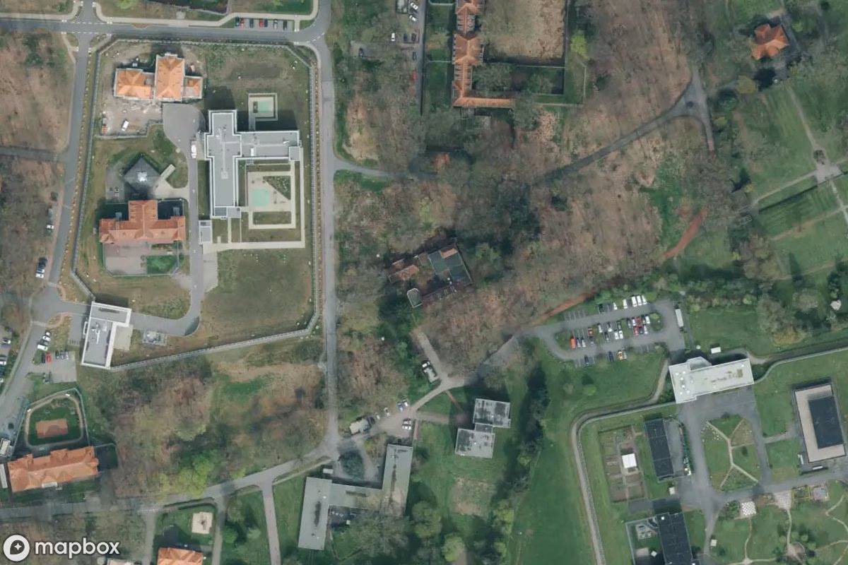 Satelitní letecký pohled na Schlachthof, opuštěné Továrna v Bedburg-Hau, Německo