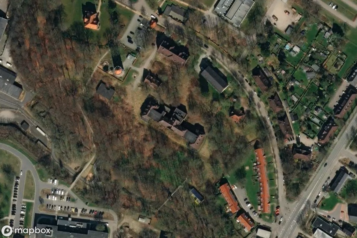 Satelitní letecký pohled na Krankenhaus, opuštěné Nemocnice v Flensburg, Německo