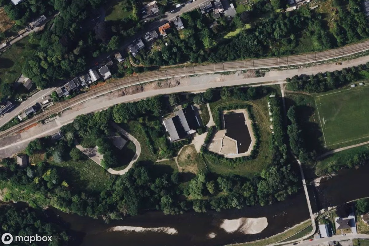 Aerial satellite view of Haus der Bälle, an abandoned in Esneux, Belgium