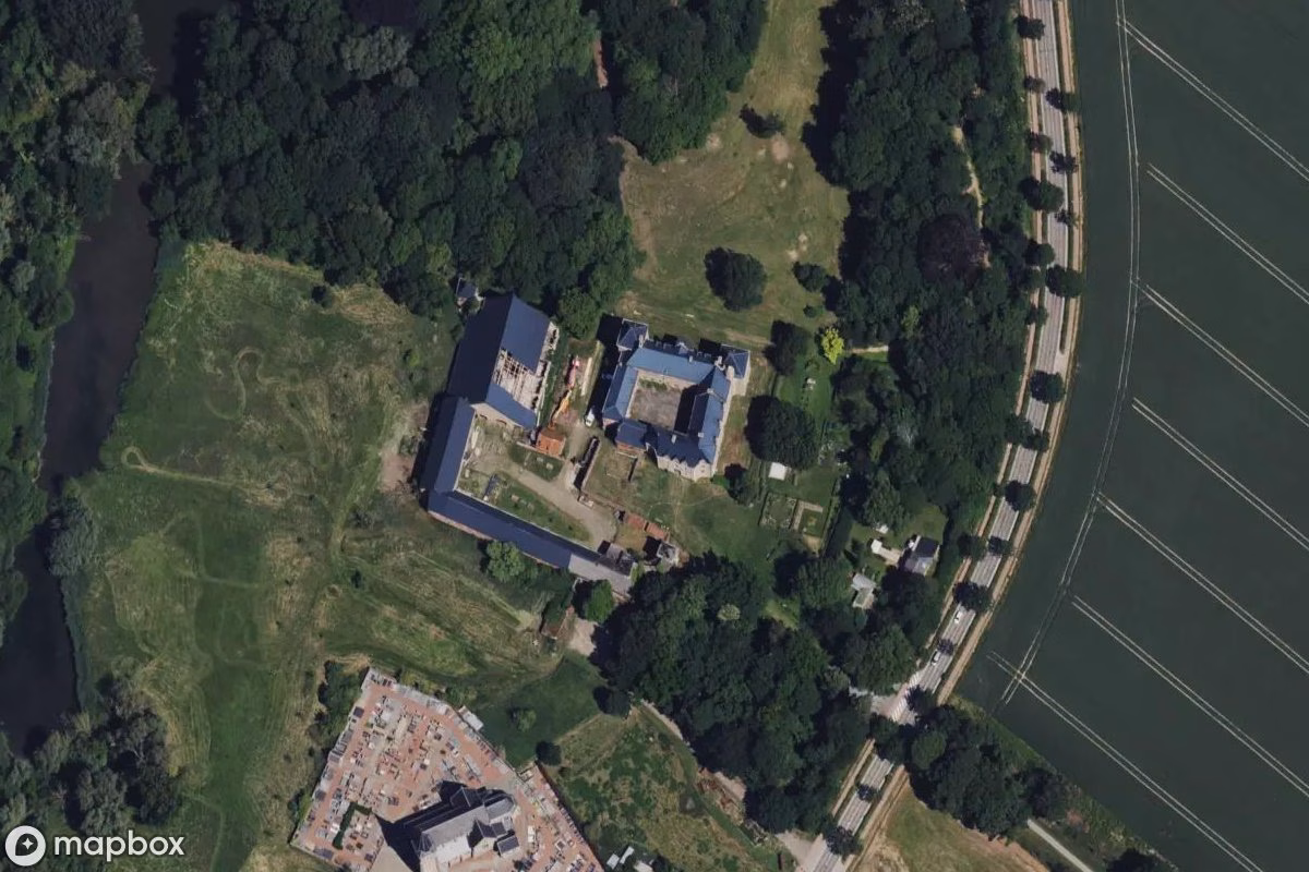Aerial satellite view of Schloss Heers, an abandoned Castle in Heers, Belgium