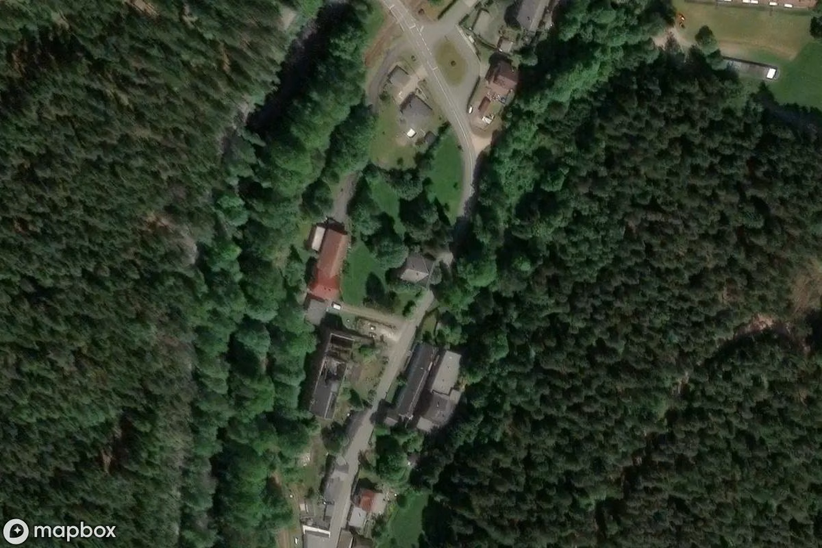 Aerial satellite view of Brauerei Villa Unterweißbach, an abandoned Residence in Blechhammer, Germany