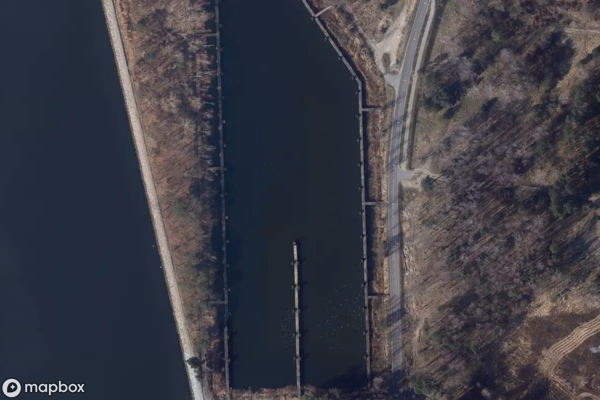 Aerial satellite view of Alter deutscher U-Boot-Hafen, an abandoned  in Świnoujście, Poland