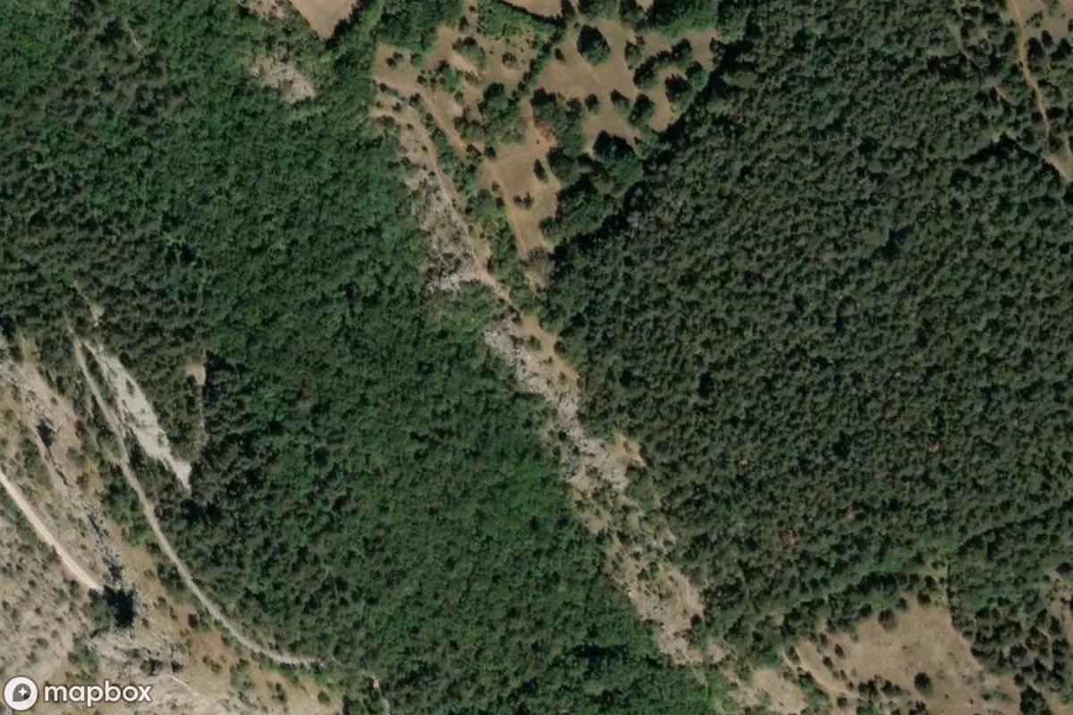 Aerial satellite view of Grotta di San Lorenzo, an abandoned Cave in San Dorligo della Valle / Dolina, Italy