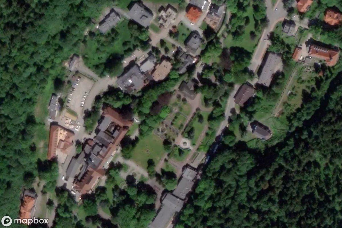Aerial satellite view of Kurpark Duszniki, an abandoned  in Duszniki-Zdrój, Poland