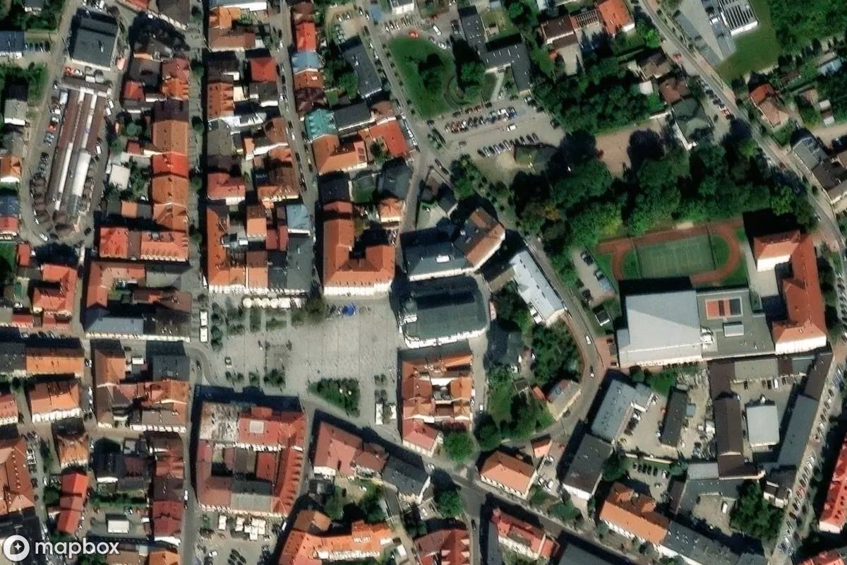 Aerial satellite view of Basilika Wadowice, an abandoned Church in Wadowice, Poland
