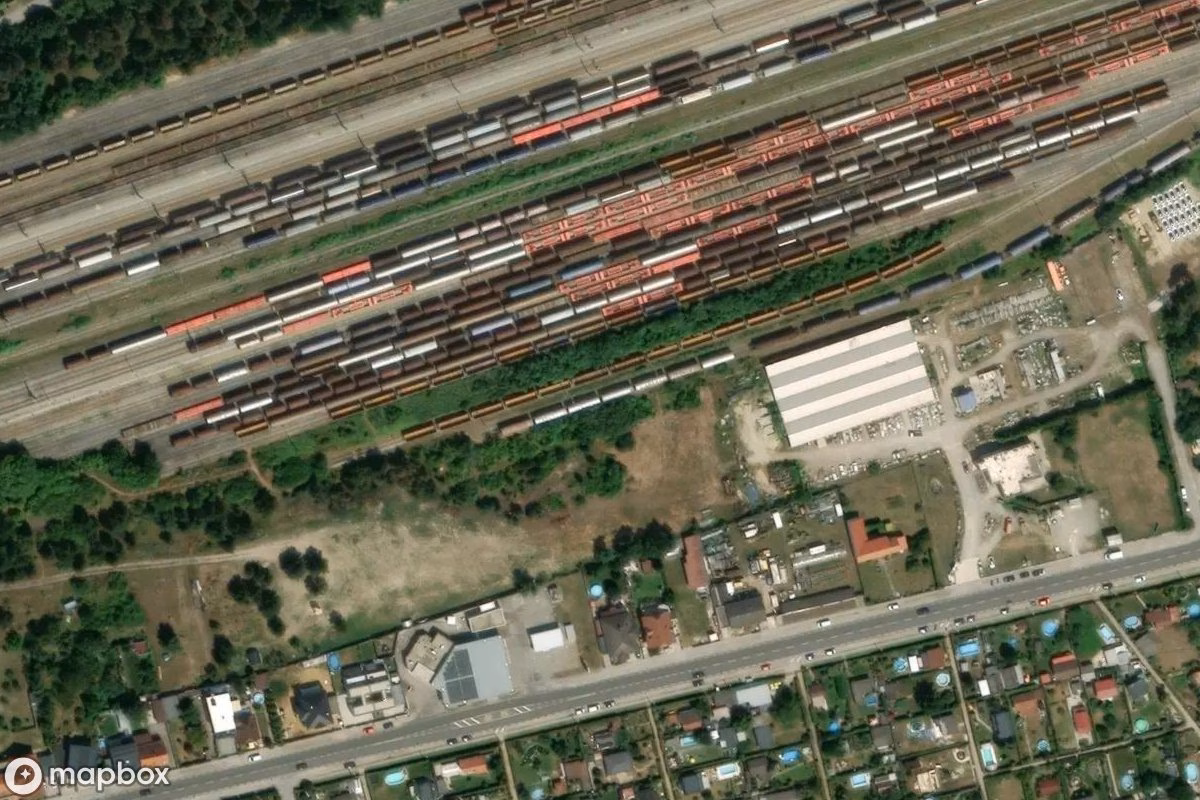 Aerial satellite view of Zugwaggons, an abandoned Vehicle in Strasshof an der Nordbahn, Austria