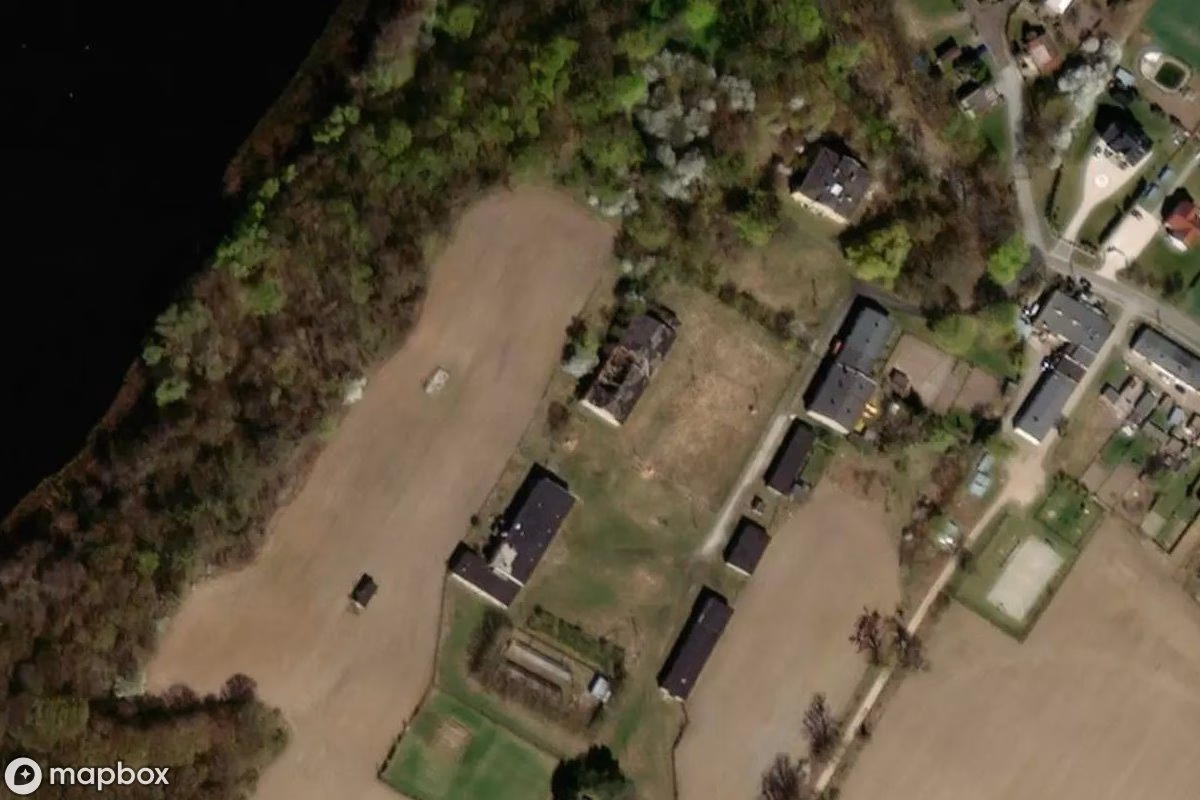 Aerial satellite view of Palais forêt, an abandoned Castle in Wierzchucinek, Poland