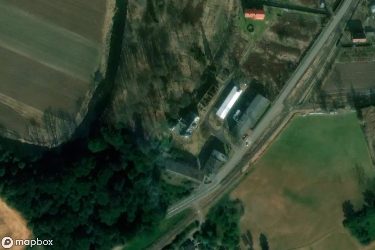 Aerial satellite view of Palais Kościelniki Górne, an abandoned Castle in Kościelniki Górne, Poland