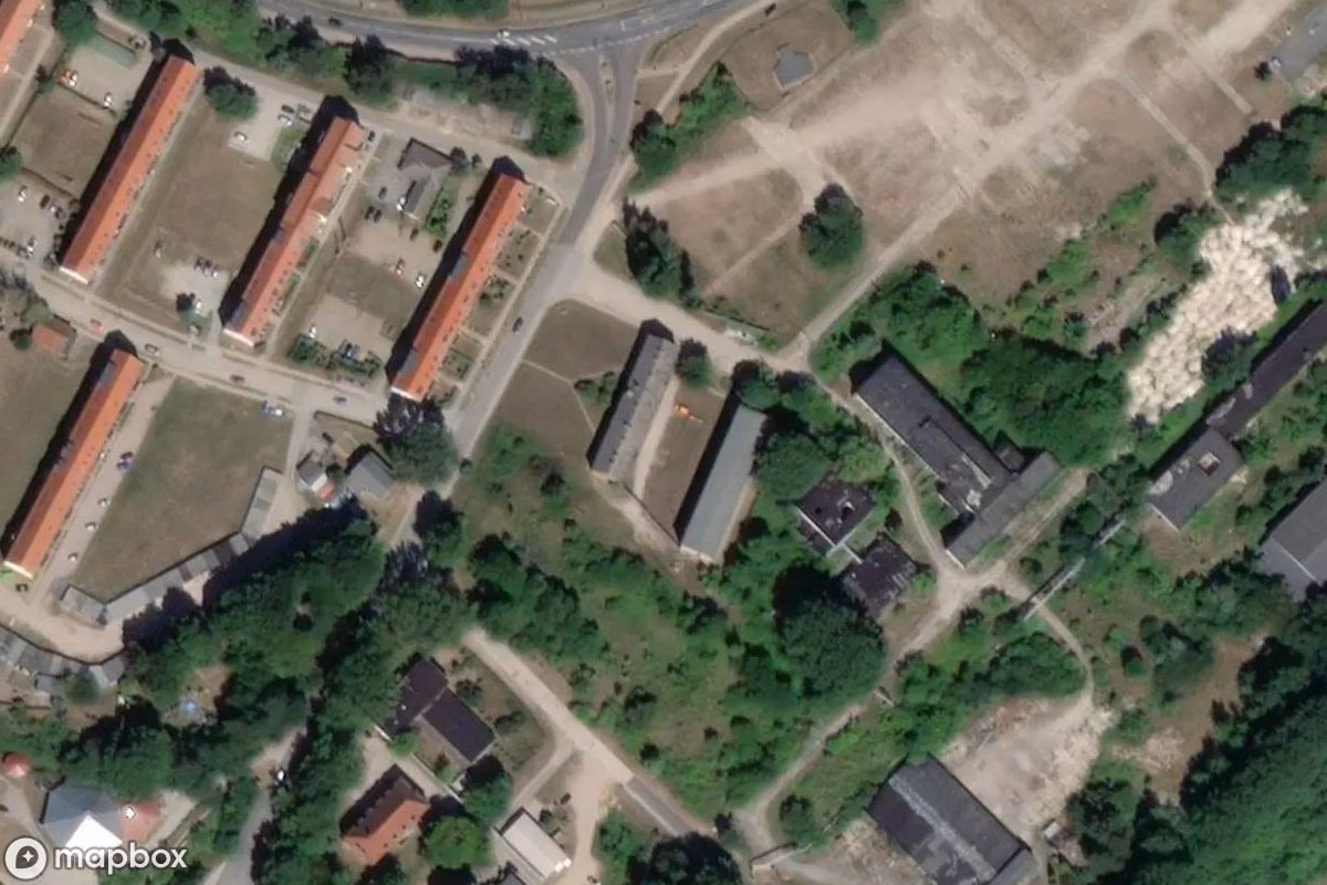 Aerial satellite view of Wohnblock, an abandoned Residence in Sassnitz, Germany