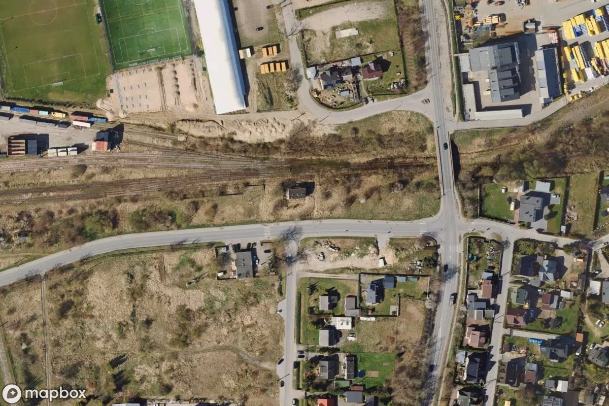 Aerial satellite view of Nastawnia Kokoszki, an abandoned Railway Station in Gdańsk, Poland