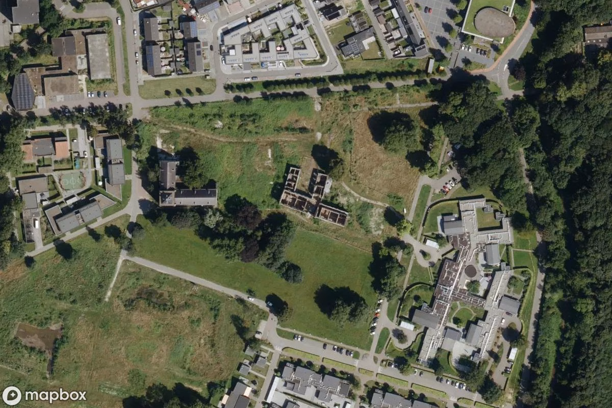 Aerial satellite view of Kirche, an abandoned Church in Heel, Netherlands
