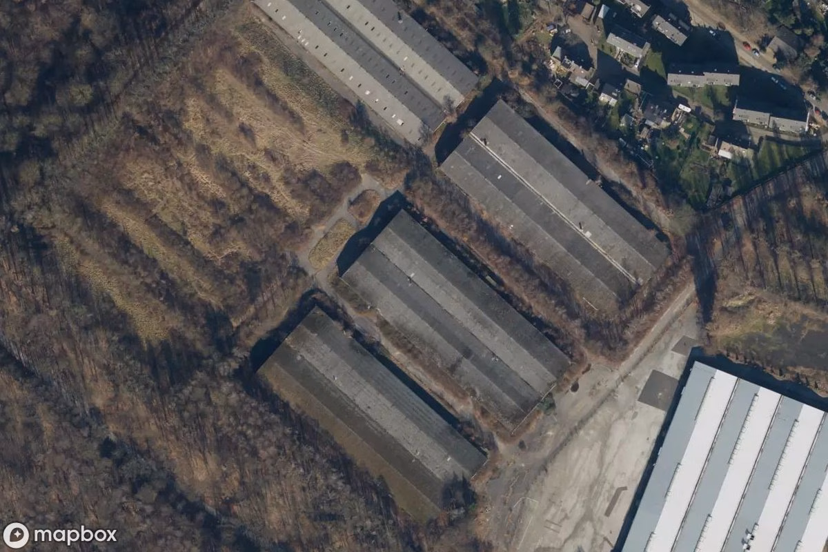 Satelitní letecký pohled na Bundeswehr Gelände, opuštěné Vojenský objekt v Heiligenhaus, Německo