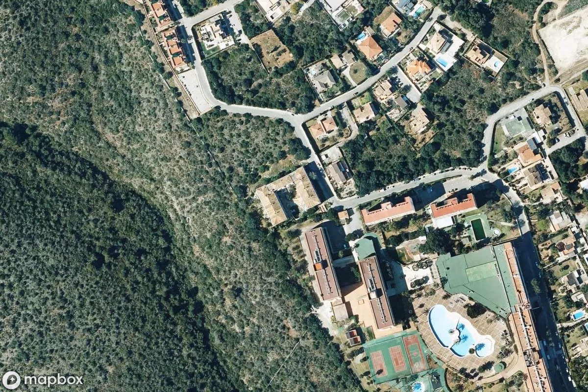 Aerial satellite view of Hotel, an abandoned Hotel in Manacor, Spain
