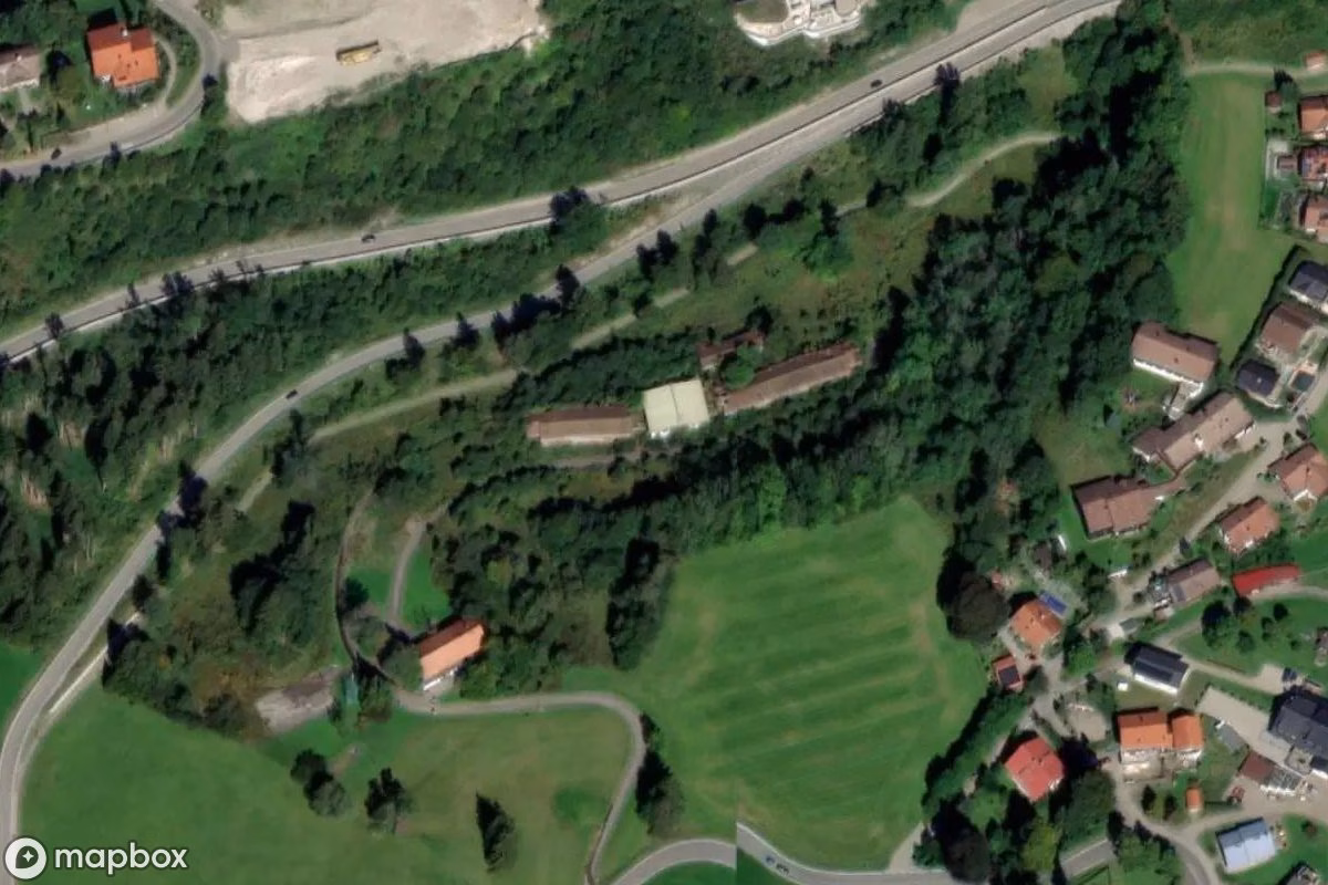 Aerial satellite view of Kinderheim, an abandoned Hospital in Weißach, Germany