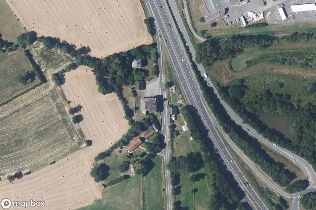 Aerial satellite view of Bar Explosif, an abandoned Restaurant in Saint-Martin-des-Champs, France