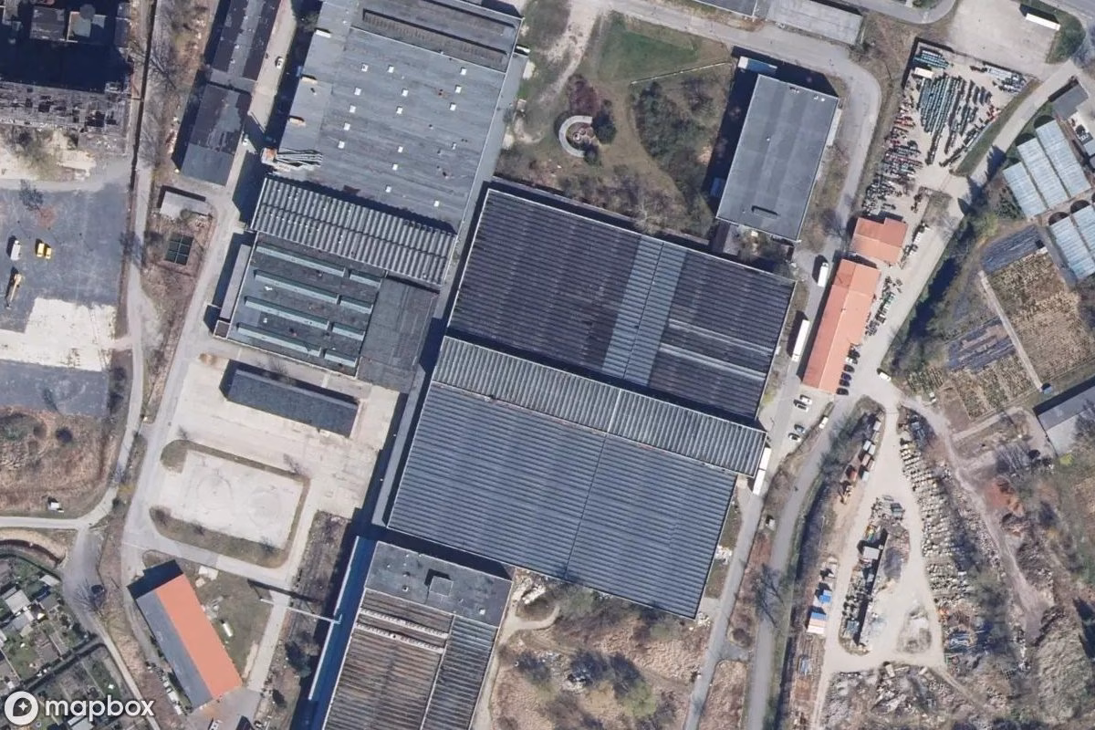 Aerial satellite view of VEB OTB Wittstock, an abandoned Factory in Wittstock/Dosse, Germany