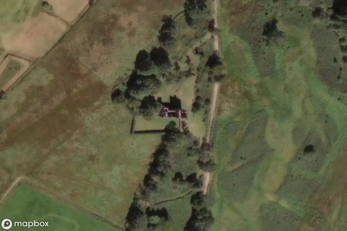 Aerial satellite view of Schloss Carnasserie, an abandoned Castle in Scotland, United Kingdom